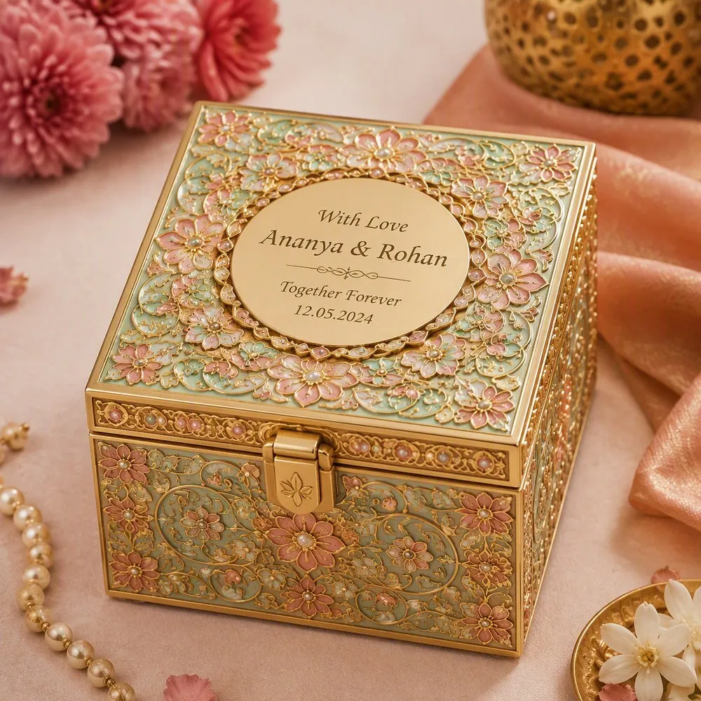 Personalized engraved metallic jewelry box for bridal and half saree return gifts