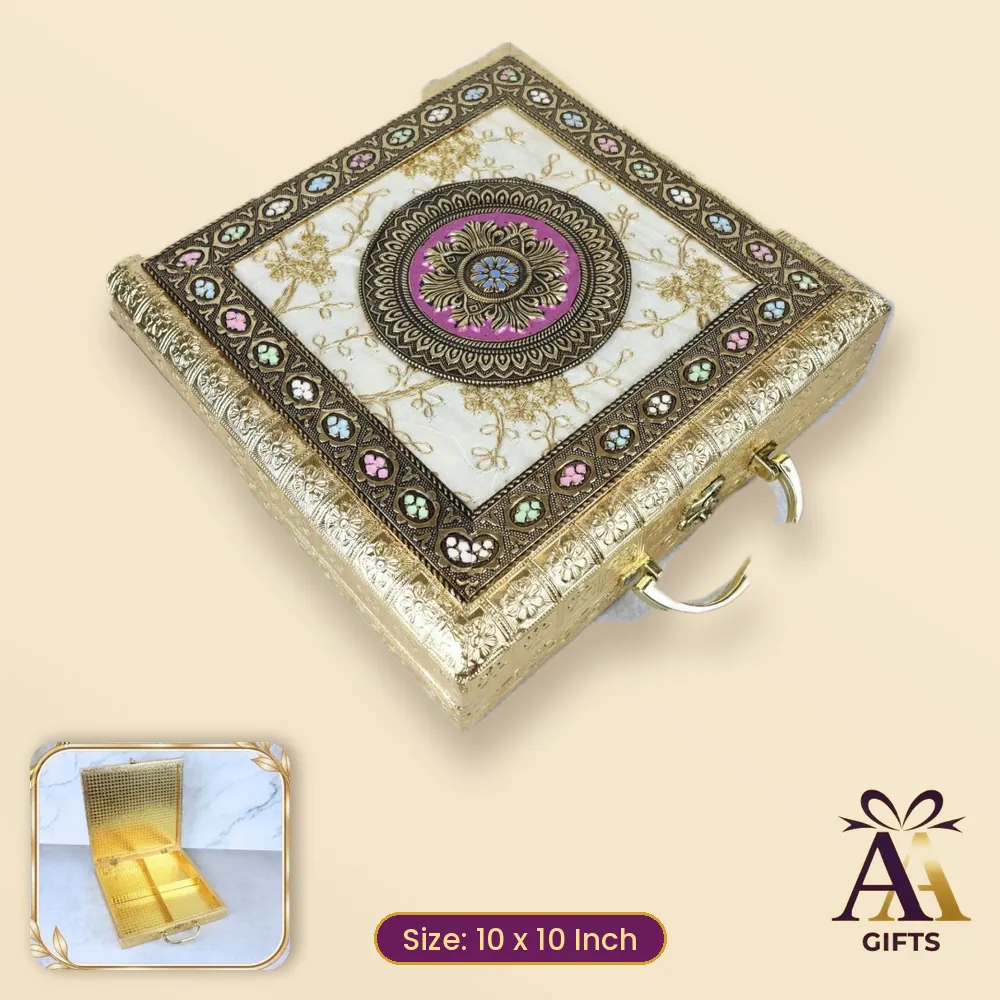10x10 Cream Fabric Suitcase Dry Fruit Box - cream wooden dry fruit box, 10 x 10 Inch, for corporate gifts and festive hampers