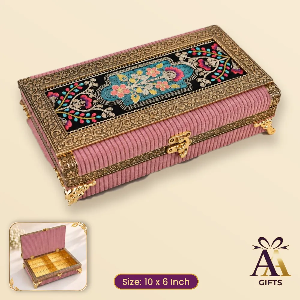 10x6 Pink Lace Velvet Dry Fruit Box - pink wooden dry fruit box, 10 x 6 Inch, for corporate gifts and festive hampers