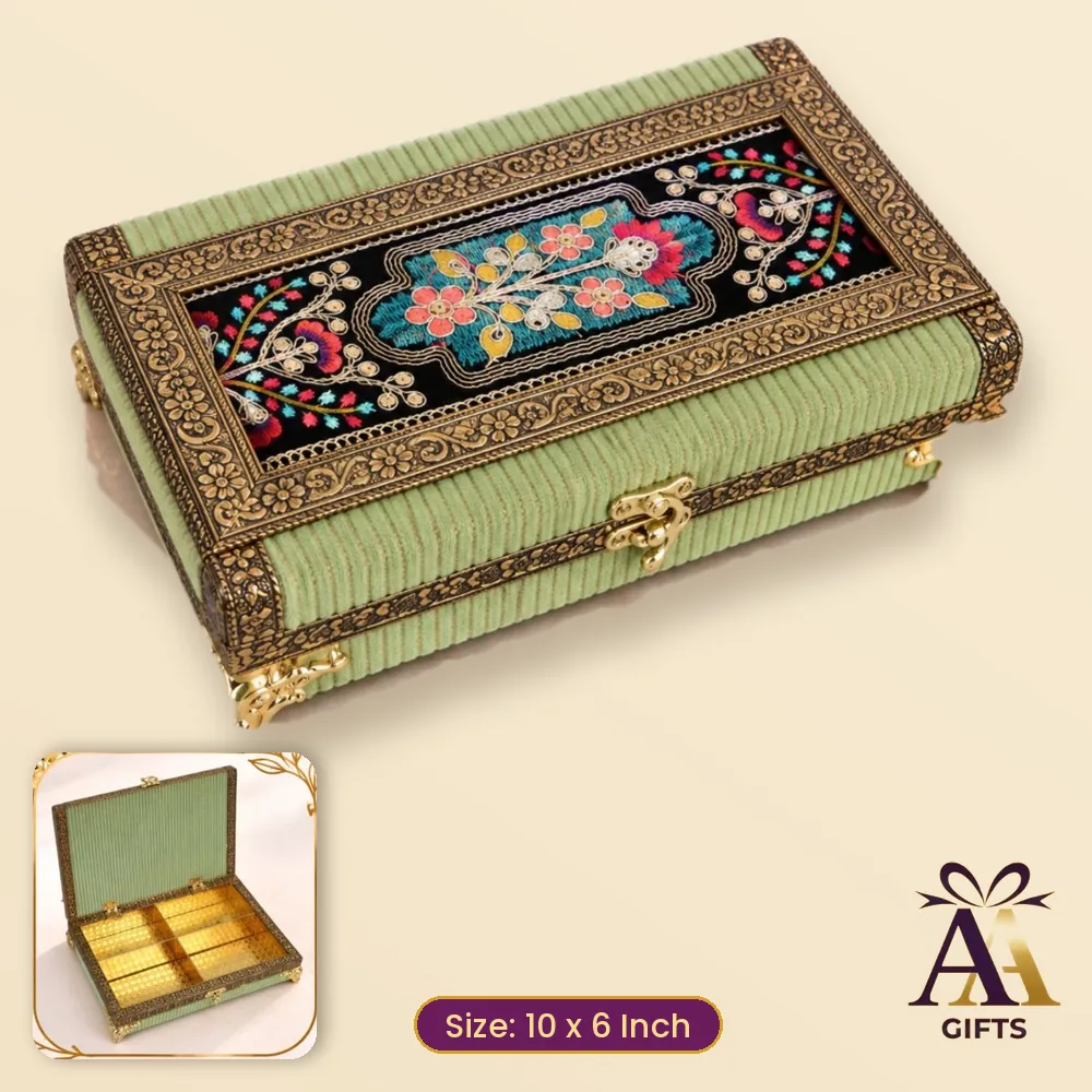 10x6 Pista Lace Velvet Dry Fruit Box - pista green wooden dry fruit box, 10 x 6 Inch, for corporate gifts and festive hampers