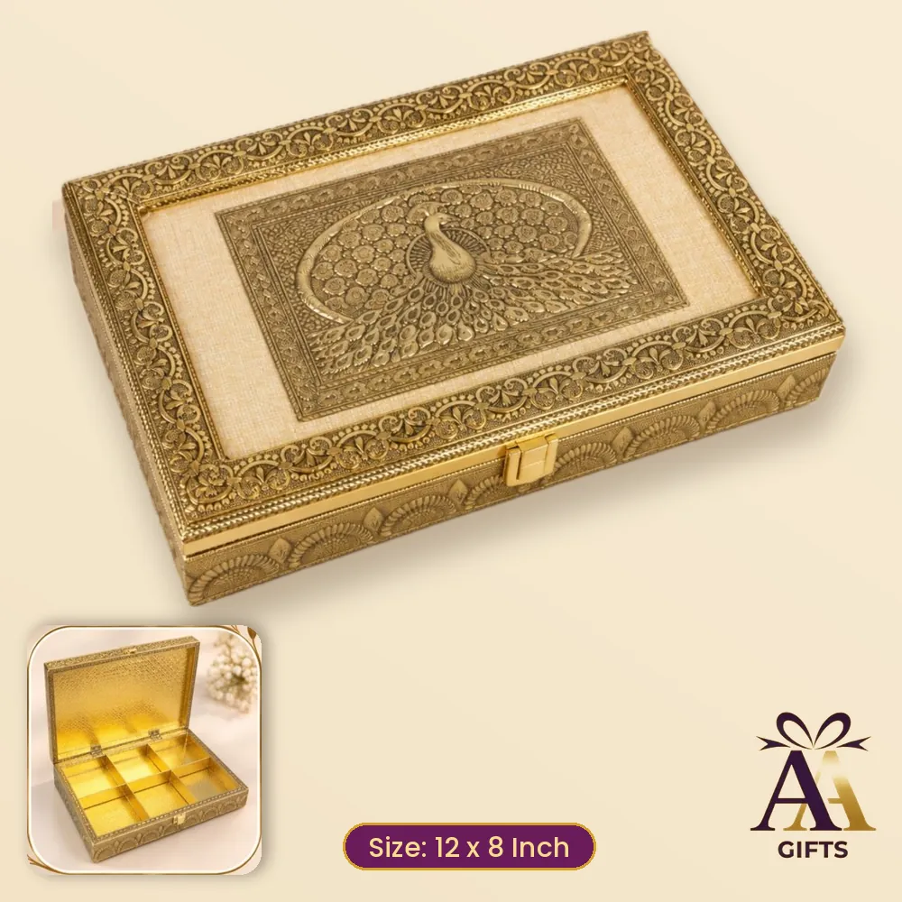 12x8 Peacock Emboss Dry Fruit Box - golden wooden dry fruit box, 12 x 8 Inch, for corporate gifts and festive hampers