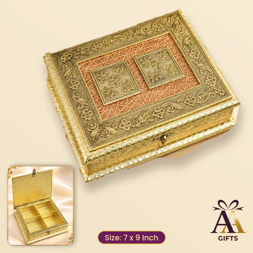 7x9 Gold Dry Fruit Box - golden wooden dry fruit box, 7 x 9 Inch, for corporate gifts and festive hampers