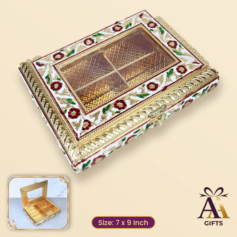 7x9 Meenakari Transparent Dry Fruit Box - white wooden dry fruit box, 7 x 9 Inch, for corporate gifts and festive hampers