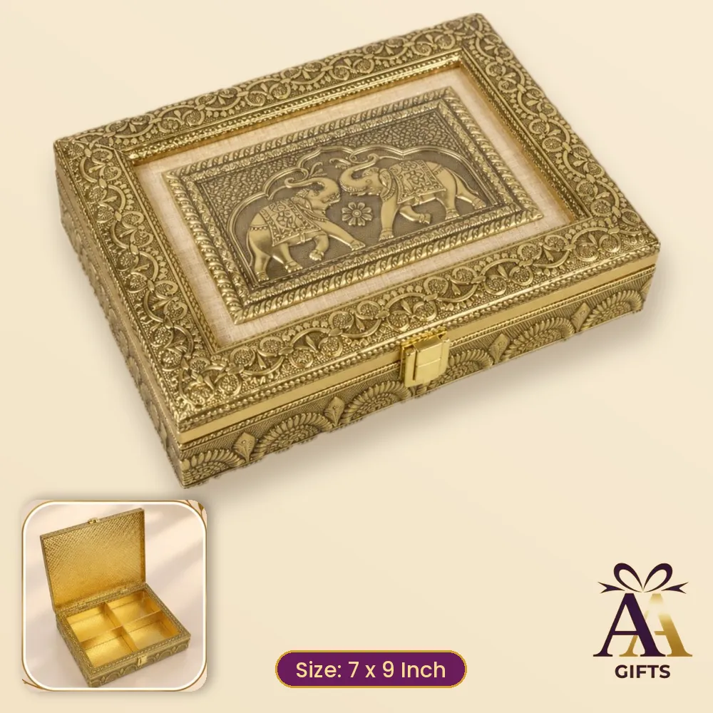 7x9 Two Elephant Emboss Dry Fruit Box - golden wooden dry fruit box, 7 x 9 Inch, for corporate gifts and festive hampers
