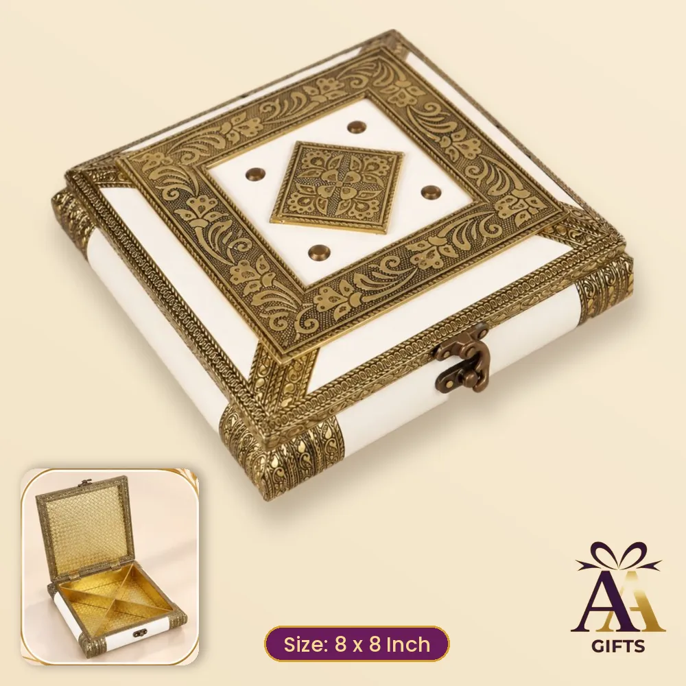 8x8 Cream Rajwadi Dry Fruit Box - cream wooden dry fruit box, 8 x 8 Inch, for corporate gifts and festive hampers