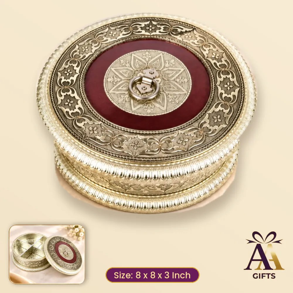 8x8 Jermer Maroon Round Dry Fruit Box - maroon wooden dry fruit box, 8 x 8 x 3 Inch, for corporate gifts and festive hampers