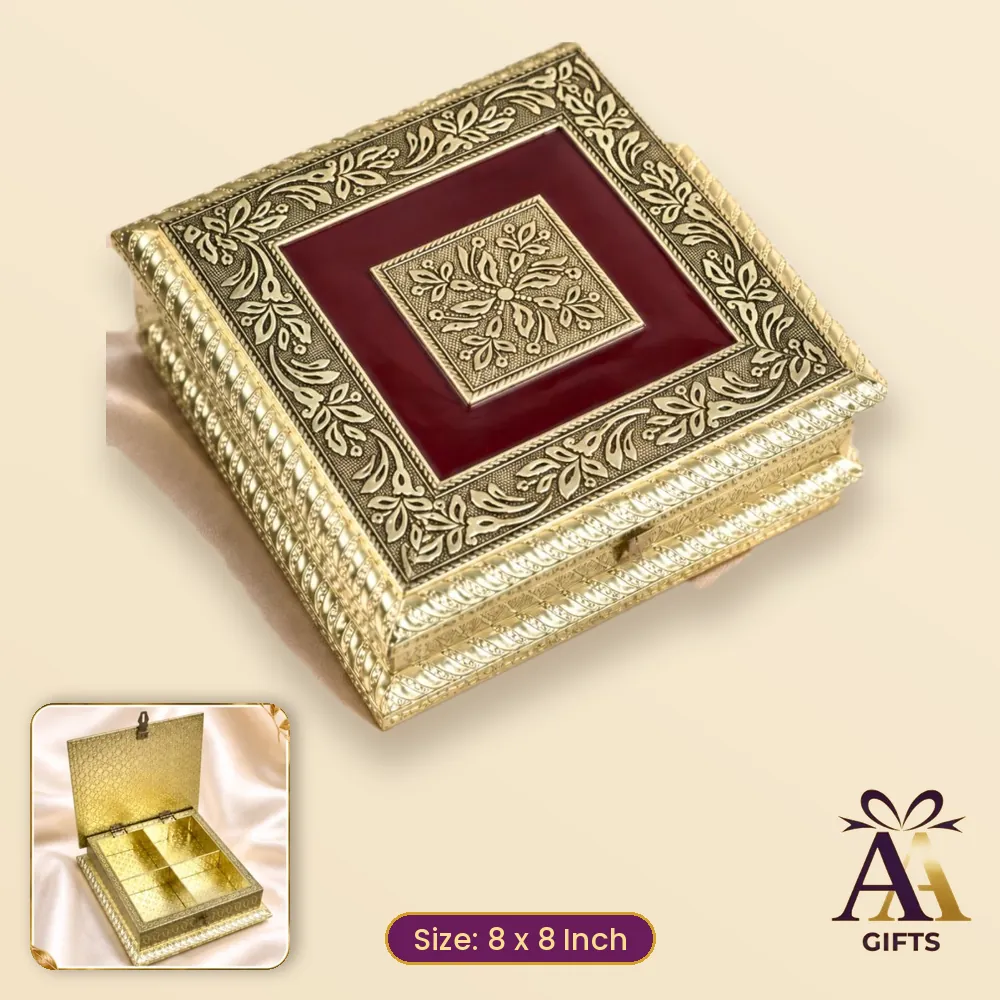 8x8 J.Ox Maroon Meva Dry Fruit Box - maroon wooden dry fruit box, 8 x 8 Inch, for corporate gifts and festive hampers