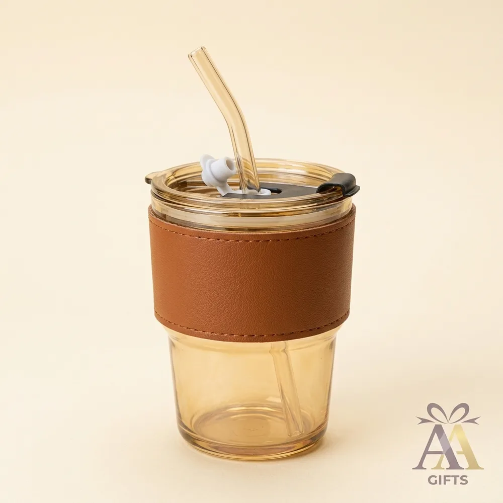 Amber Glass Tumbler with Leather Sleeve and Glass Straw return gifts Chennai