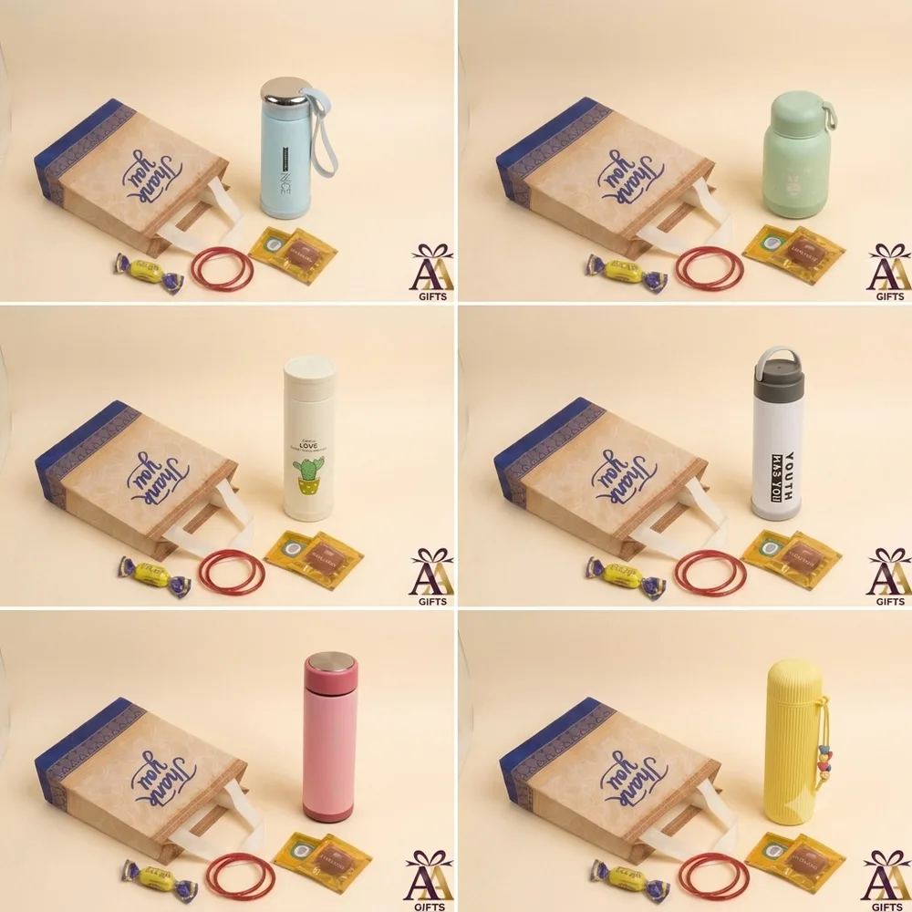 Assorted mini water bottle and flask return gift combo sets with thank you bags in Chennai