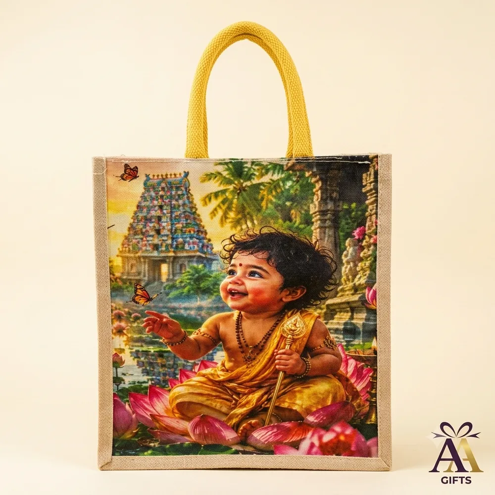 Cute Bala Murugan on lotus with temple gopuram printed jute return gift bag in Chennai