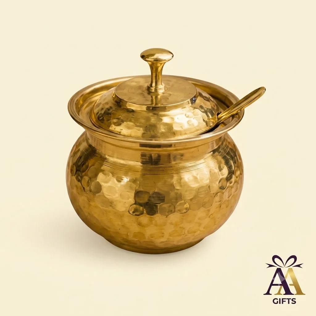 Brass Hammered Handi With Lid Spoon for weddings, pooja favors, baby showers and festive gifting