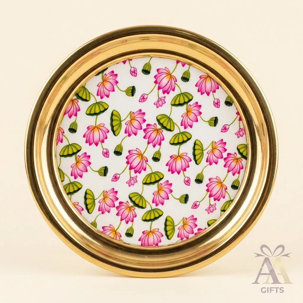 Brass Tray With Lotus Print for weddings, pooja favors, baby showers and festive gifting