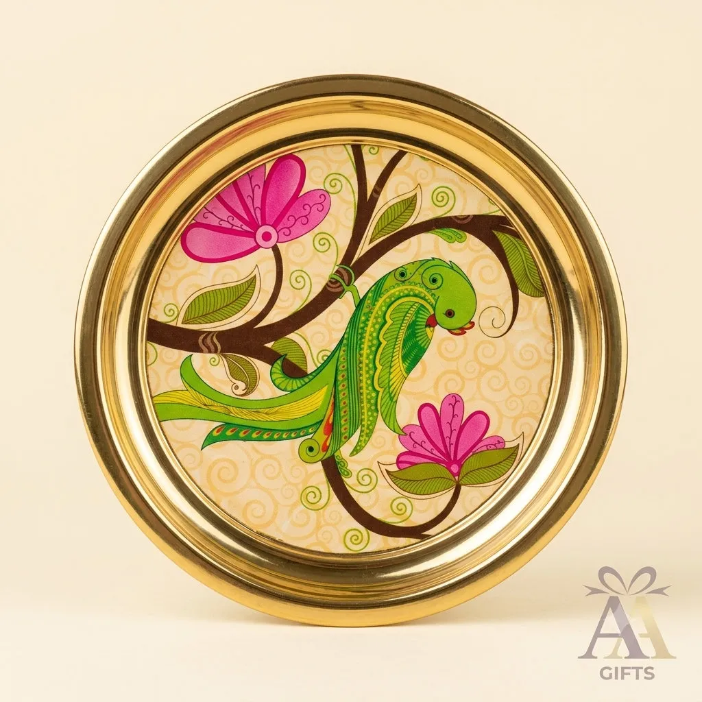 Brass Tray With Parrot Print for weddings, pooja favors, baby showers and festive gifting