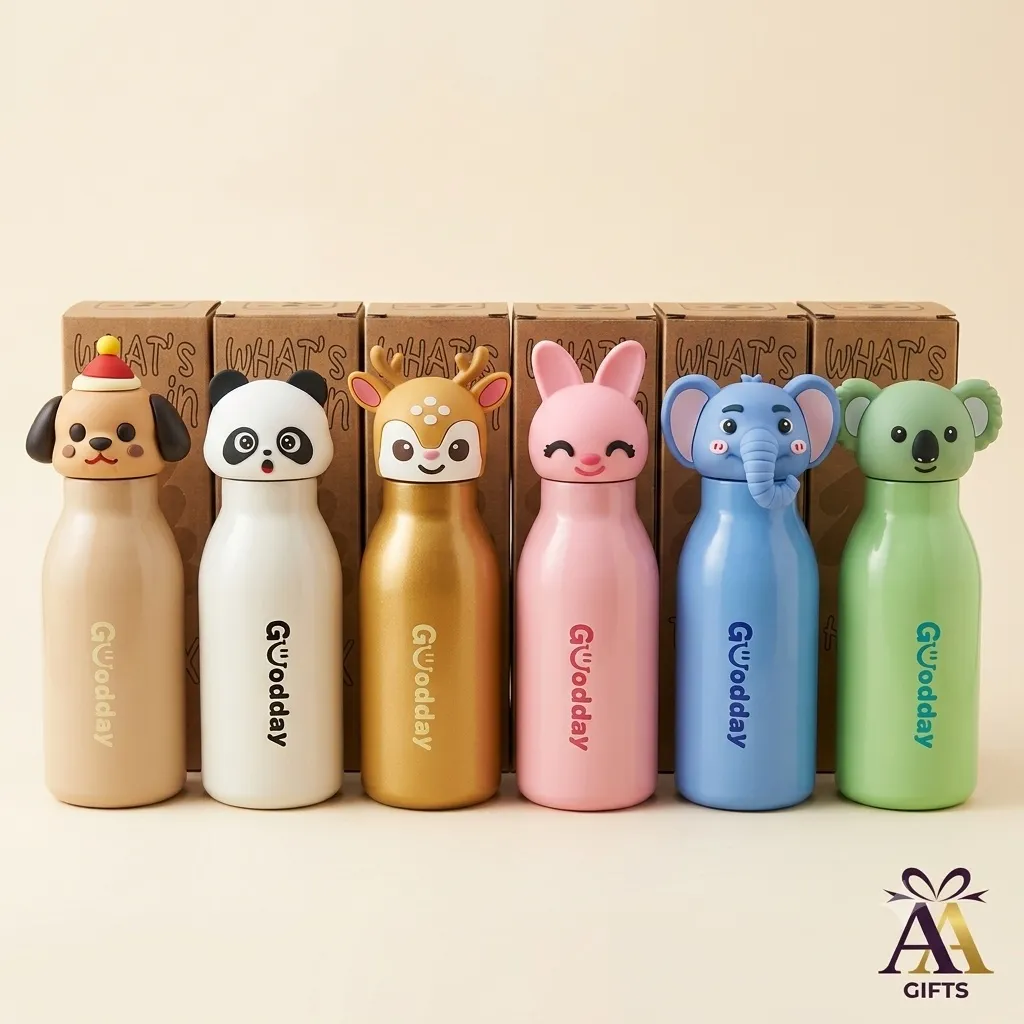 Kids stainless steel water bottle with cartoon animal cap for birthday return gifts