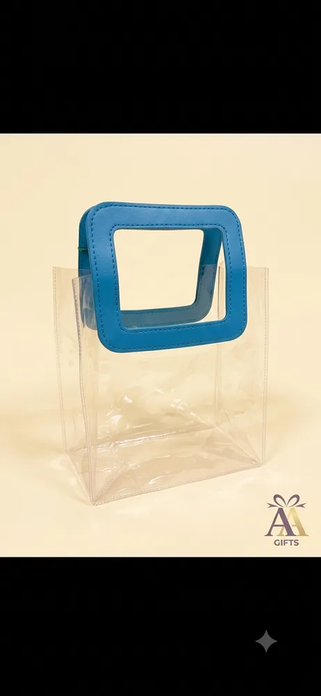 Clear transparent PVC tote bag with blue top handle return gift Chennai