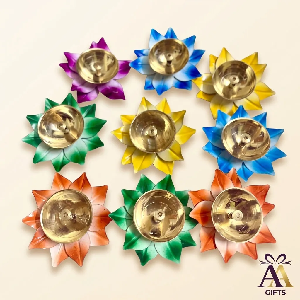 Colorful Enamel Brass Lotus Diya for weddings, pooja favors, baby showers and festive gifting