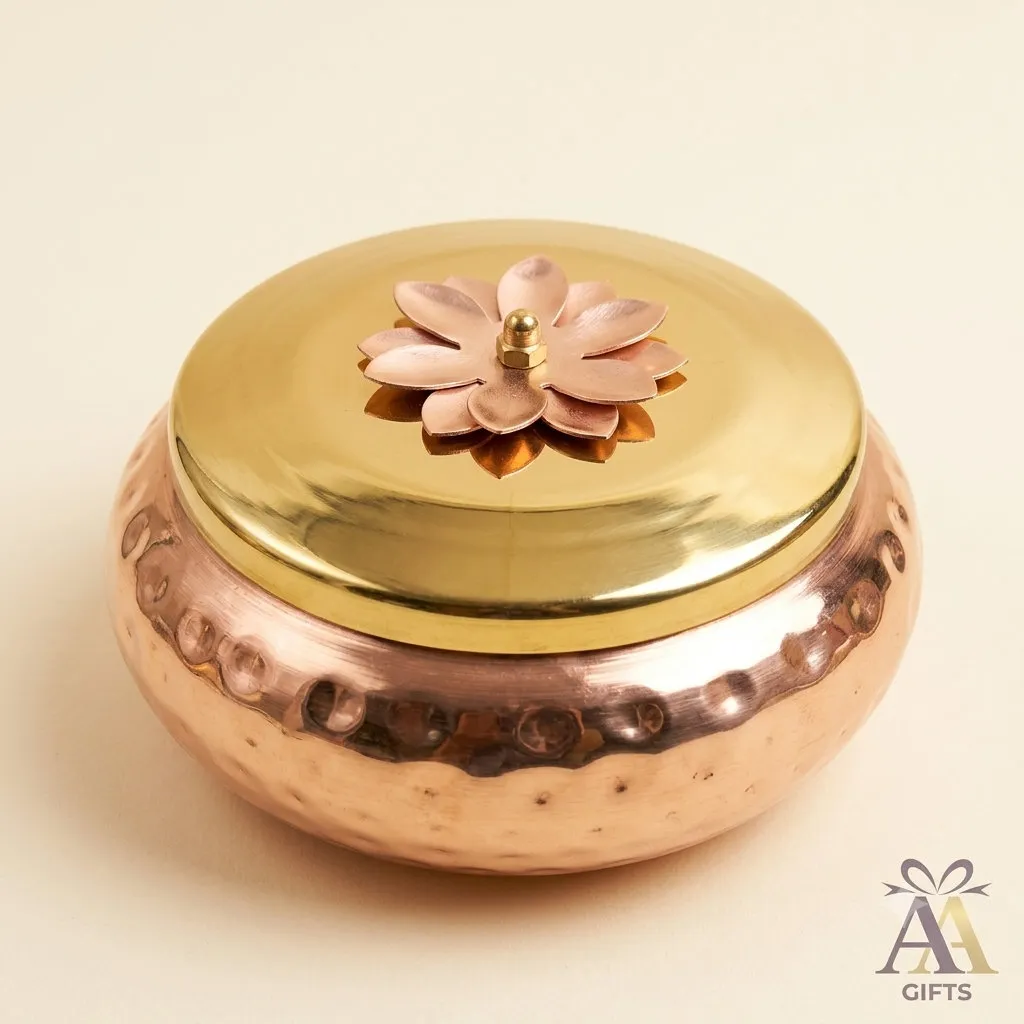 Copper Hammered Decorative Lotus Container for weddings, pooja favors, baby showers and festive gifting