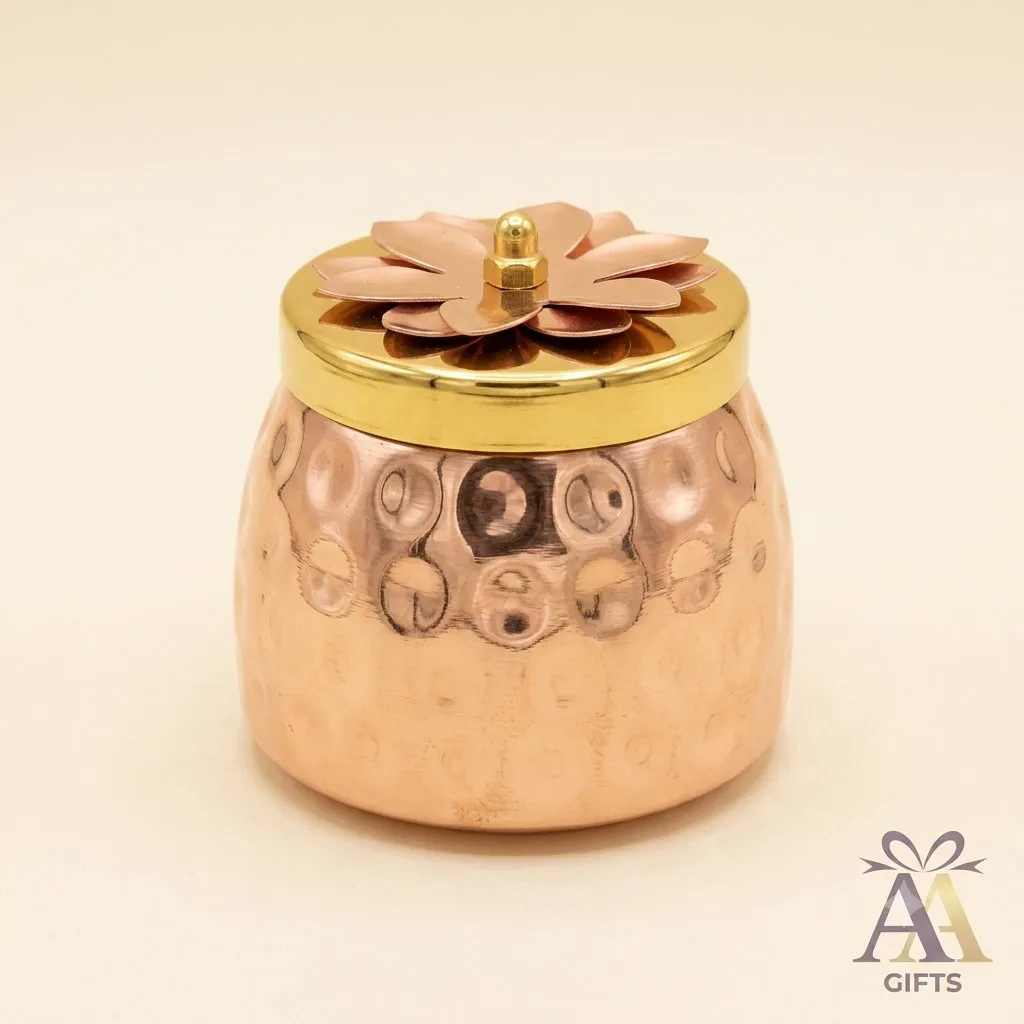 Copper Hammered Storage Jar Lotus Lid for weddings, pooja favors, baby showers and festive gifting