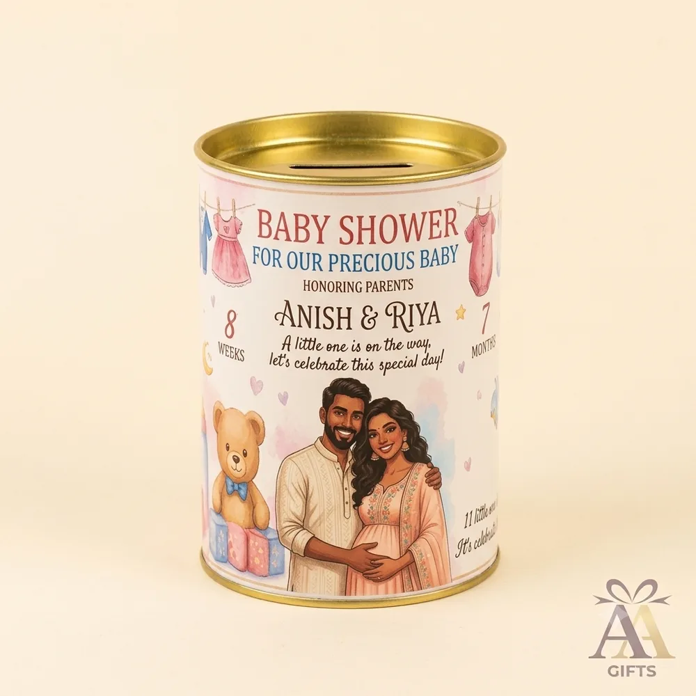 Customized couple illustration baby shower piggy bank return gift Chennai