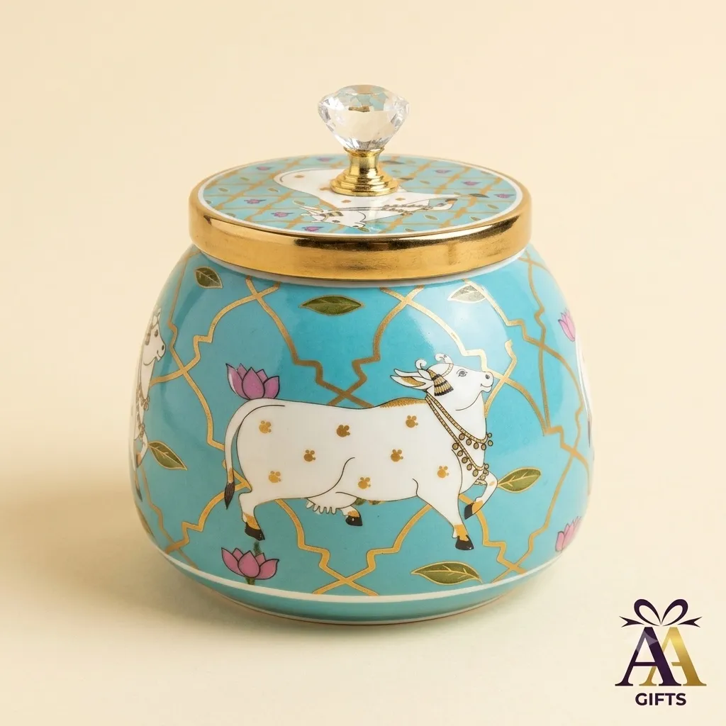 Cyan Pichwai cow print decorative metal storage jar for pooja return gifts