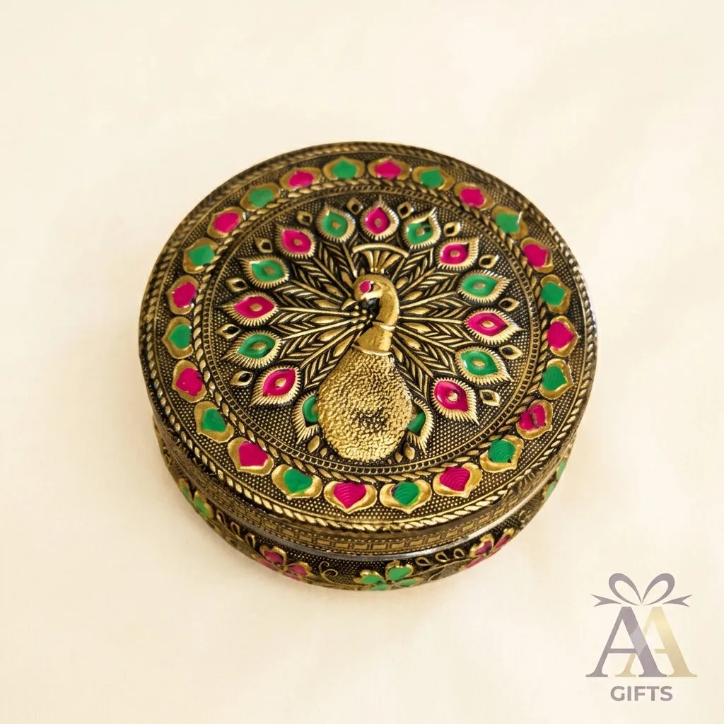 Decorative Peacock Meenakari Metal Box for weddings, pooja favors, baby showers and festive gifting