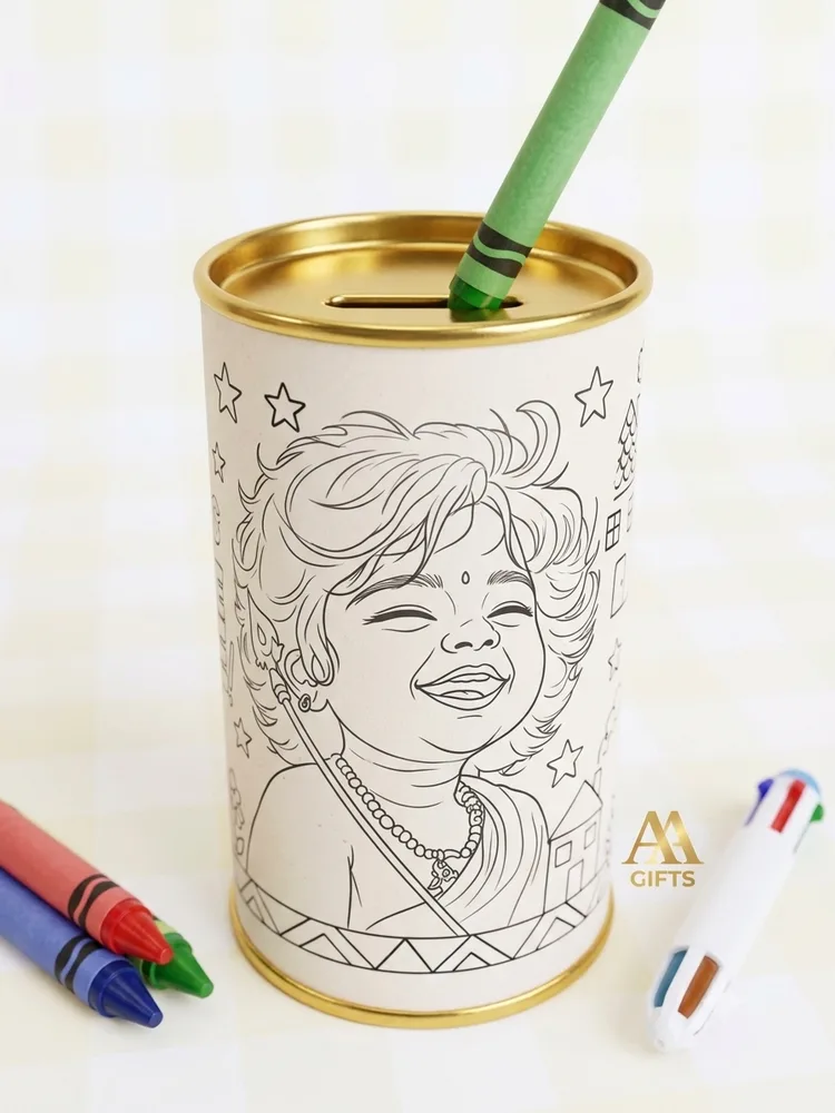 DIY color your own baby Murugan caricature tin piggy bank coin box return gift for kids Chennai