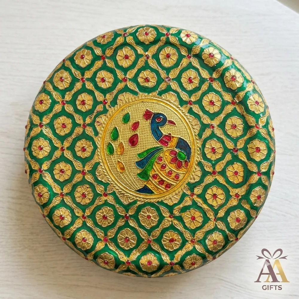 Emerald green and gold embossed peacock meenakari round storage container return gift Chennai