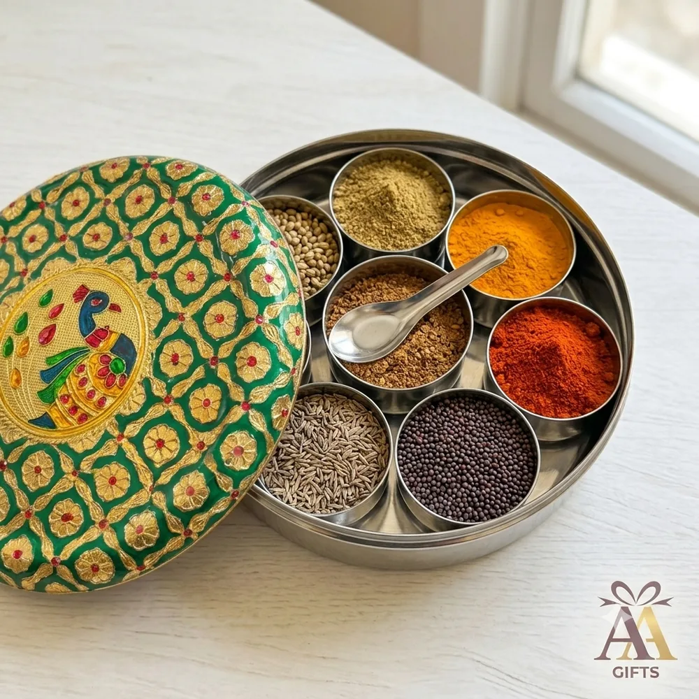 Emerald green embossed peacock meenakari stainless steel spice box return gift Chennai
