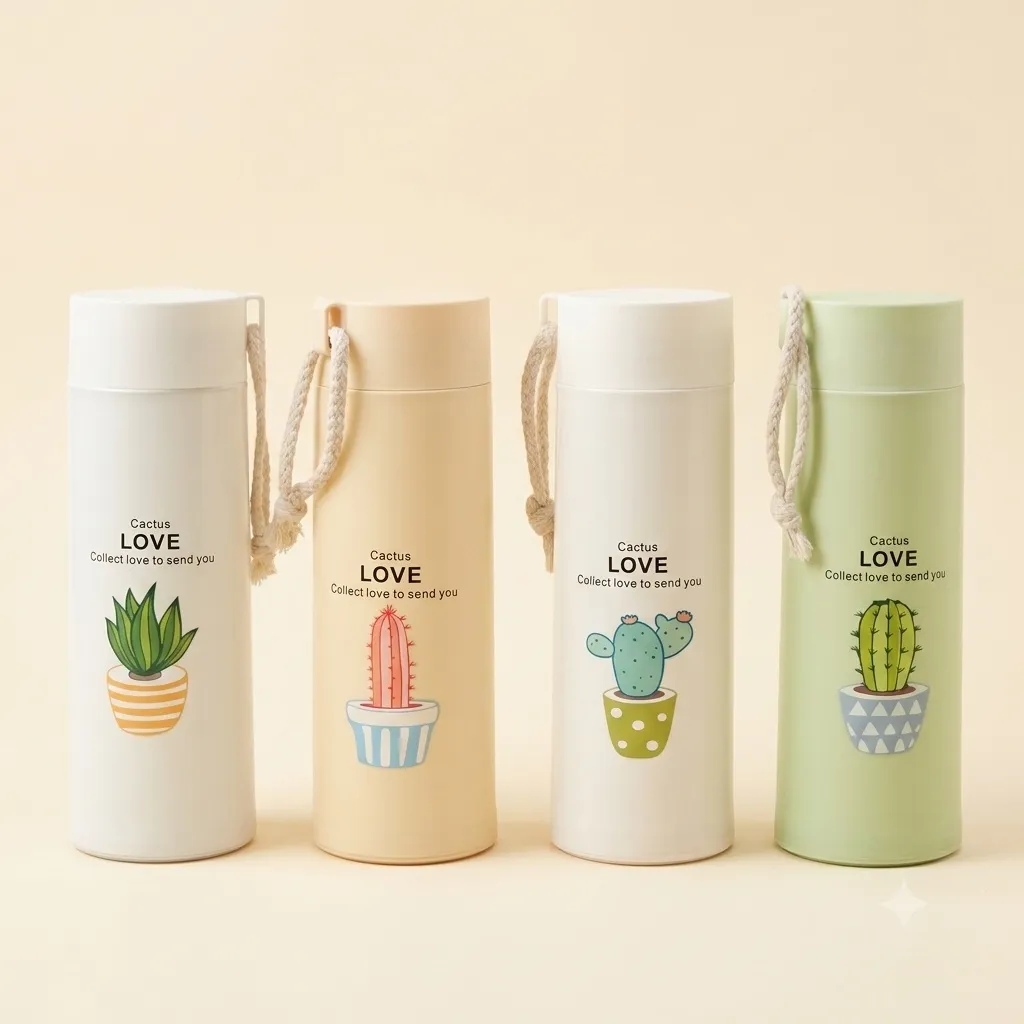 Quirky cactus motif glass bottle with carry strap for kids birthday return gifts