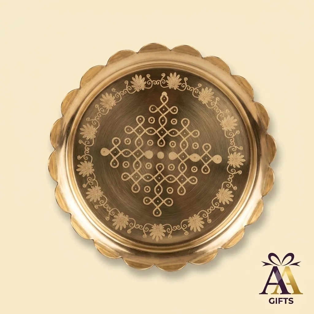 Deeply engraved brass pooja plate for Varalakshmi and Griha Pravesh ceremonies