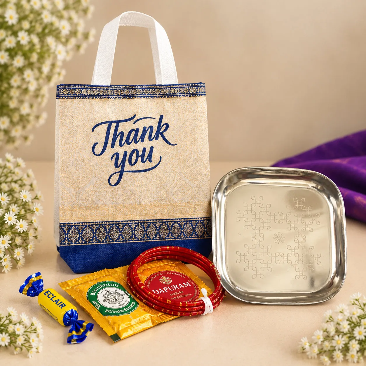 Engraved Steel Tray Return Gift for weddings, pooja favors, baby showers and festive gifting