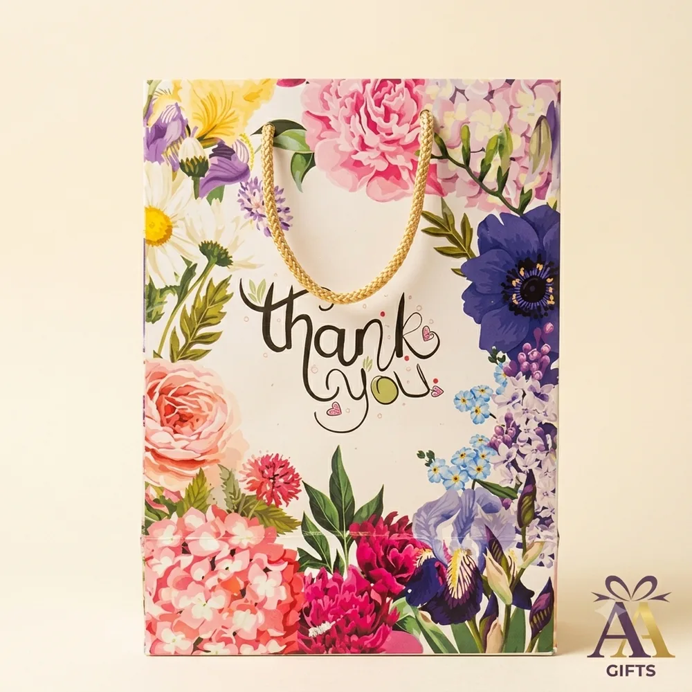 Floral blossom thank you return gift paper bag with braided gold rope handle Chennai