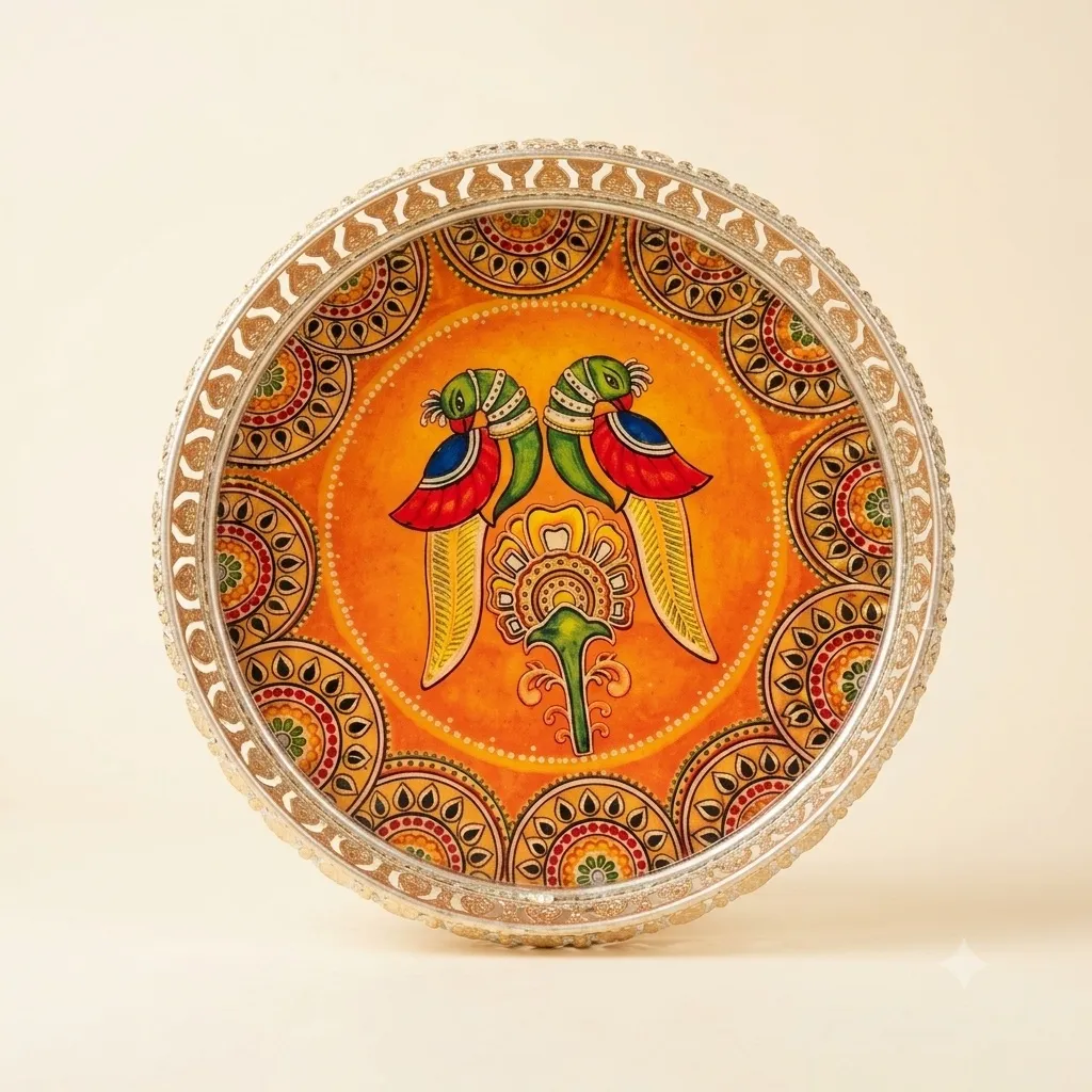 Floral etched German silver tray for pooja prasad and return gift presentation