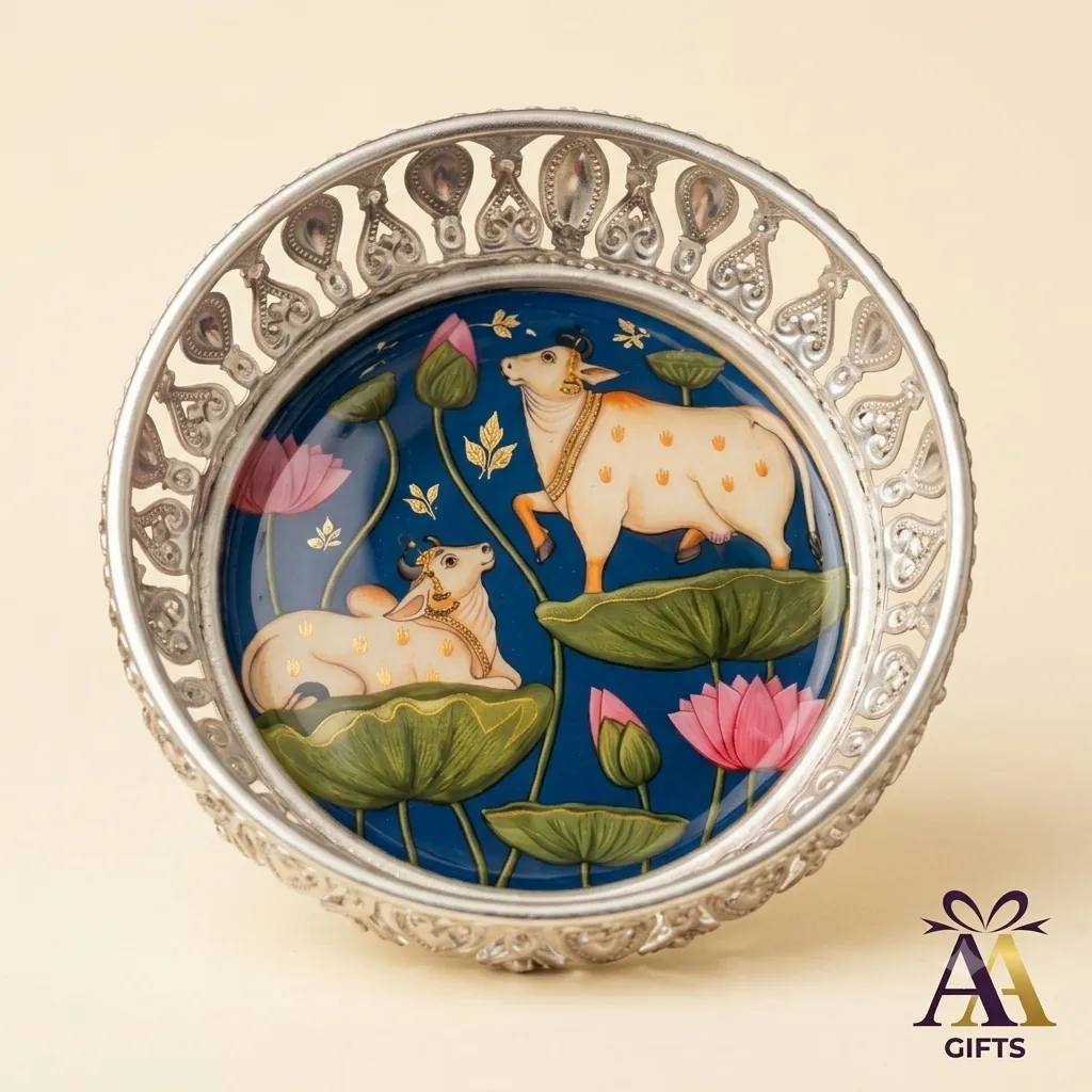 Intricately embossed floral German silver pooja tray for housewarming return gifts