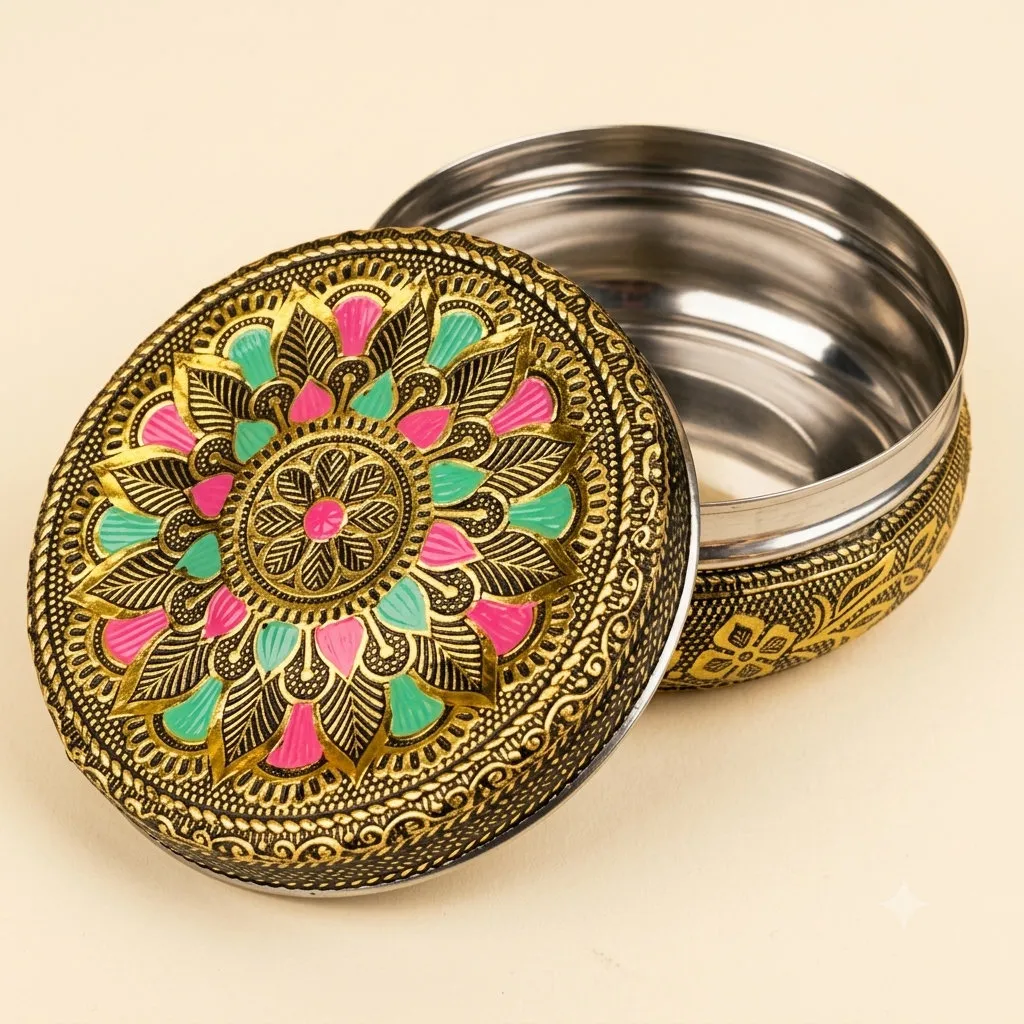 Floral Meenakari Steel Utility Box for weddings, pooja favors, baby showers and festive gifting