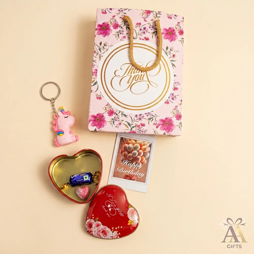 Floral Thank You Bag with Heart Tin and Unicorn Keychain Combo Chennai