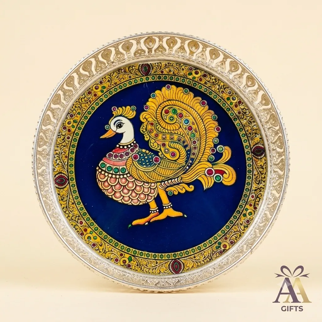 German silver pooja thali plate with traditional border for temple ceremonies