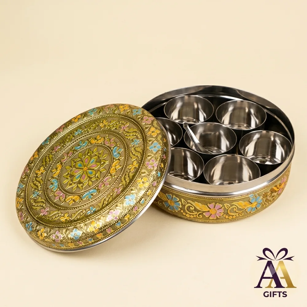 Traditional gold embossed meenakari lid stainless steel masala dabba return gift Chennai