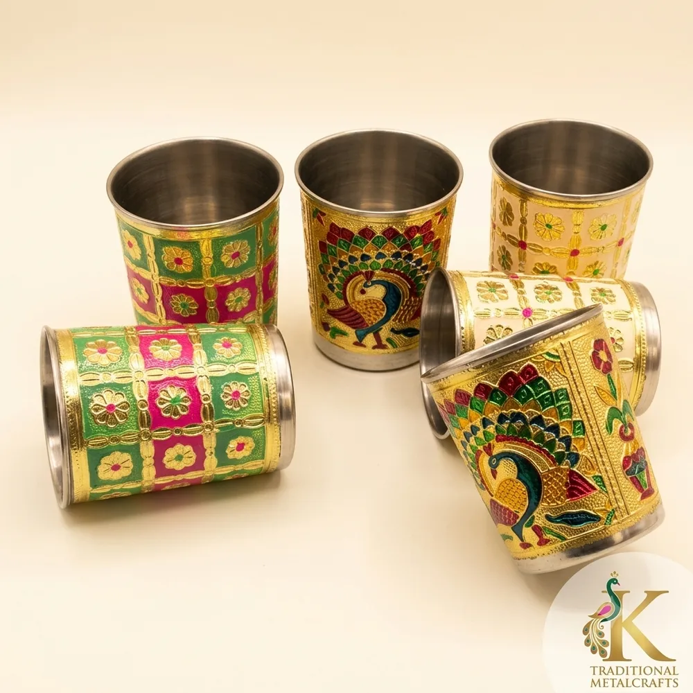Gold embossed meenakari art stainless steel drinking water tumbler glass set Chennai