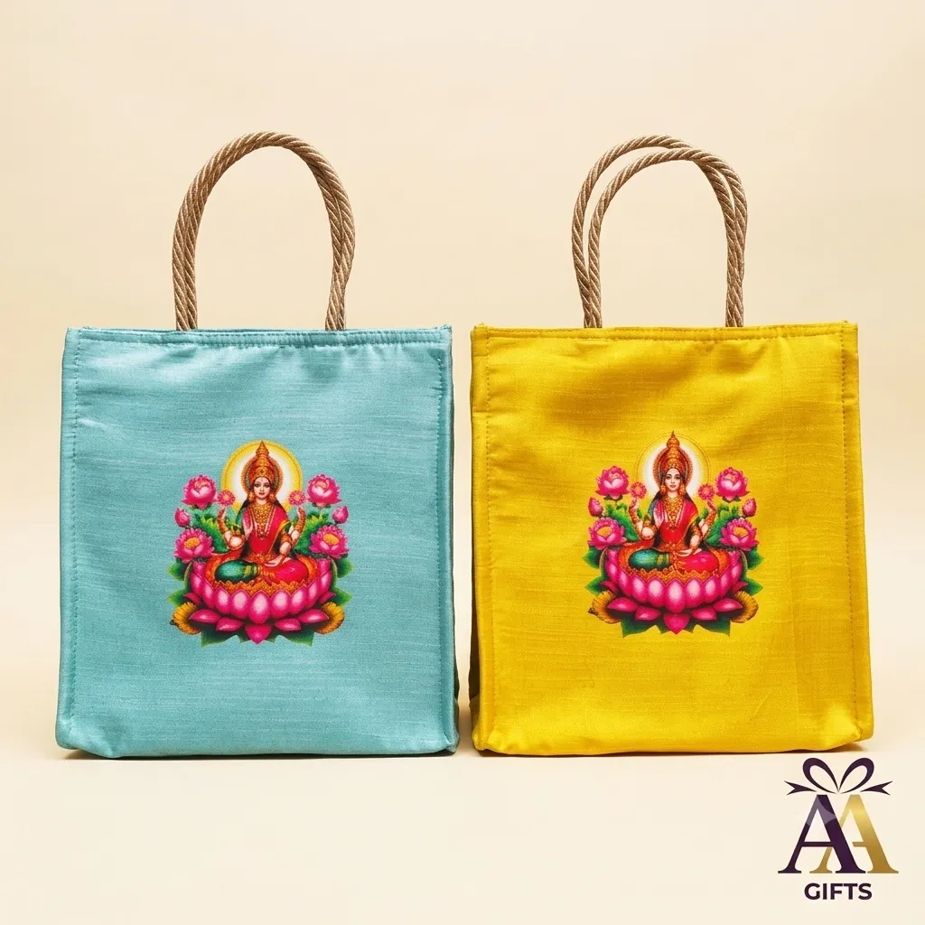 Printed silk return gift bag with drawstring handles for wedding guests