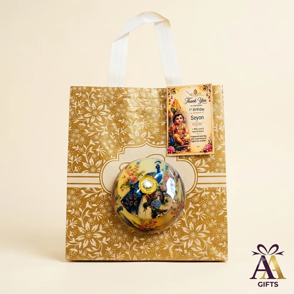 Golden brocade return gift bag with peacock glass dome jar and Krishna birthday tag hamper Chennai