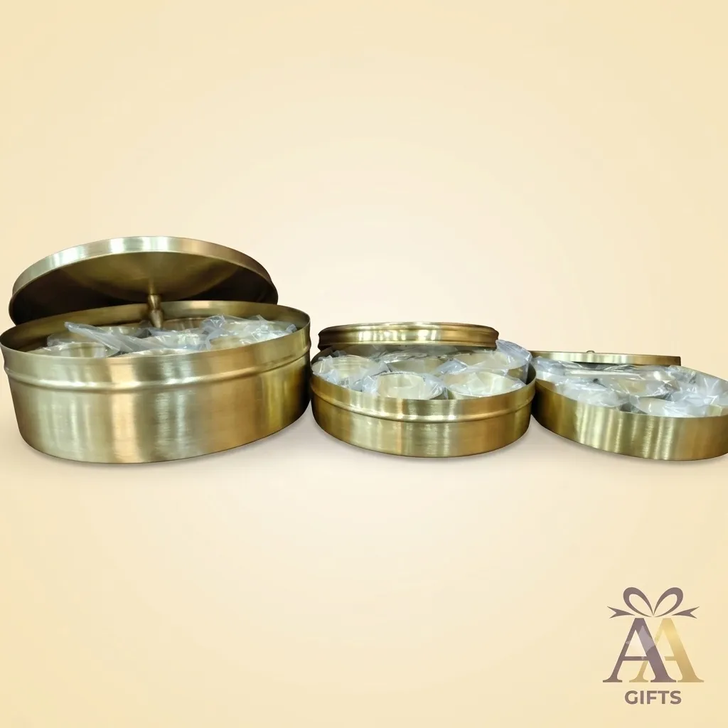 Traditional brass masala spice box with individual cups for housewarming return gifts