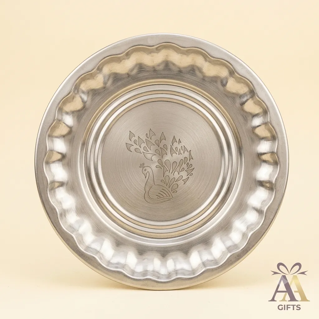 Laser etched peacock design stainless steel pooja plate for return gifts