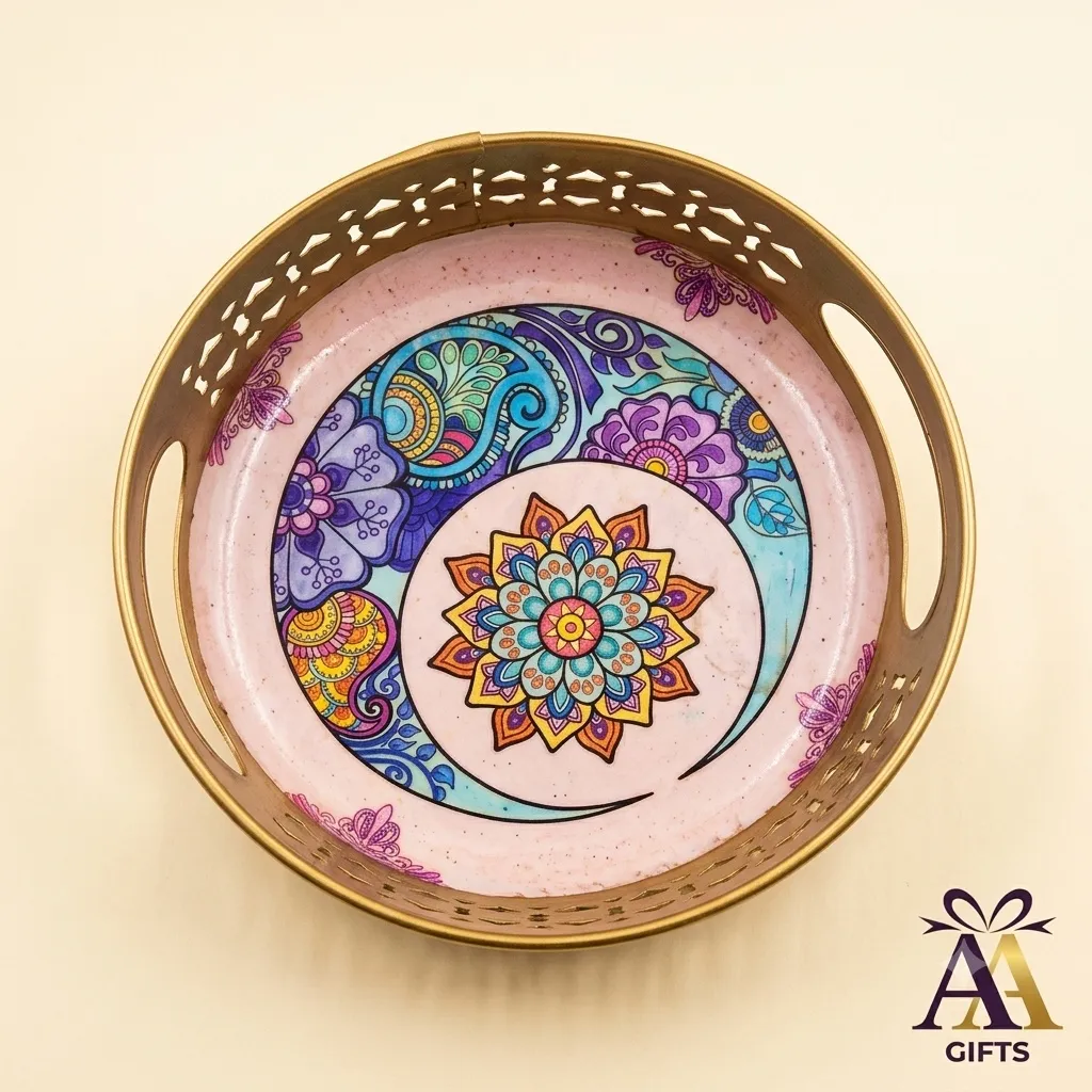 Pichwai artwork metal serving tray for pooja rooms and hospitality