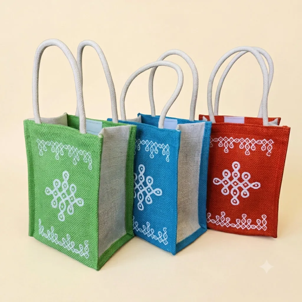 Kolam Printed Jute Gift Bag for weddings, pooja favors, baby showers and festive gifting