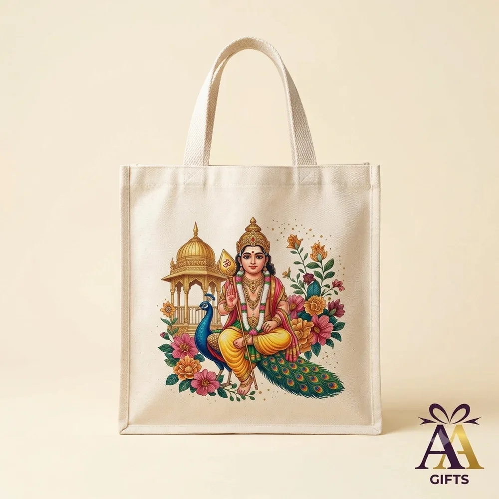 Lord Murugan on peacock printed canvas return gift bag for pooja and weddings in Chennai