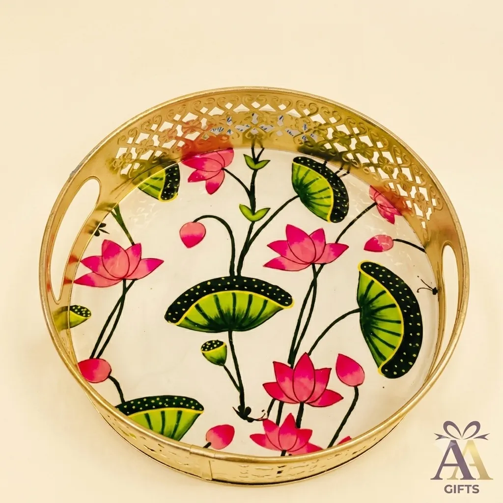 Floral Pichwai design metal serving tray for festive entertaining and return gifts
