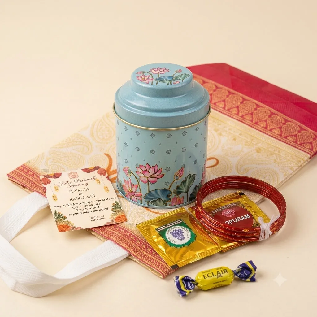 Lotus Printed Gift Tin Set for weddings, pooja favors, baby showers and festive gifting