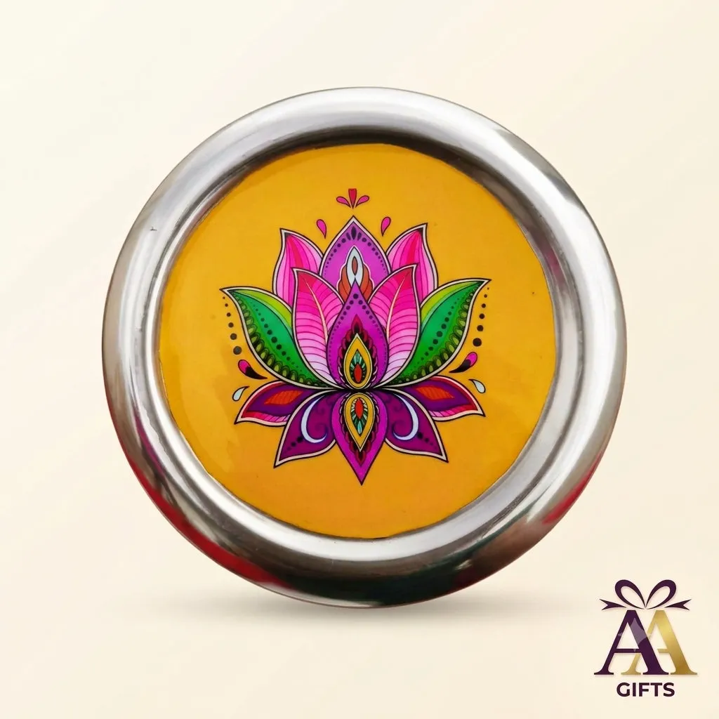 Lotus Printed Stainless Steel Tray for weddings, pooja favors, baby showers and festive gifting