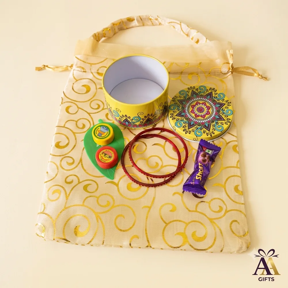 Mandala Tin Box with Potli Bag and Bangles Thamboolam Hamper return gifts Chennai